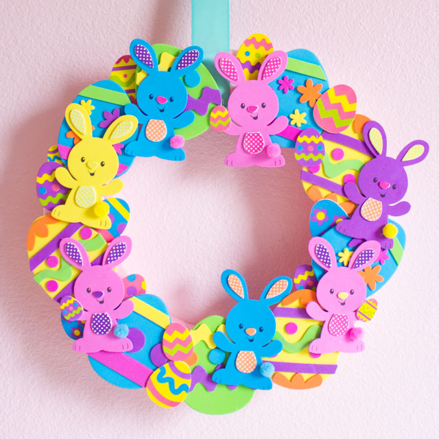 Make this sweet Easter egg and bunny wreath in minutes with foam craft kits!