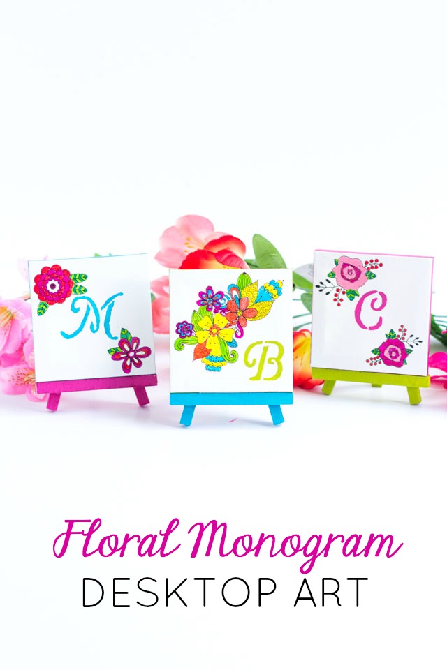 Make this monogram desktop art from mini canvases and floral rub-ons. A perfect personalized Mother's Day or birthday present!