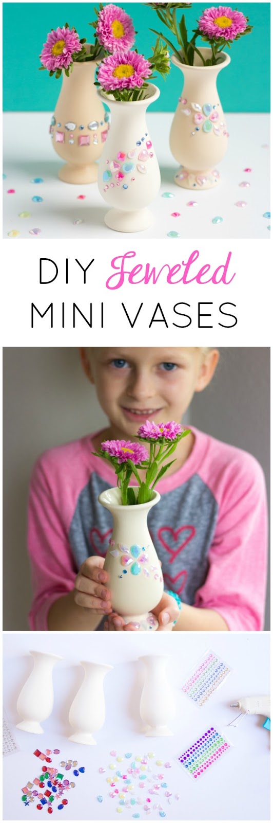 Decorate vases with peel-and-stick rhinestone jewels for a simple kids craft!