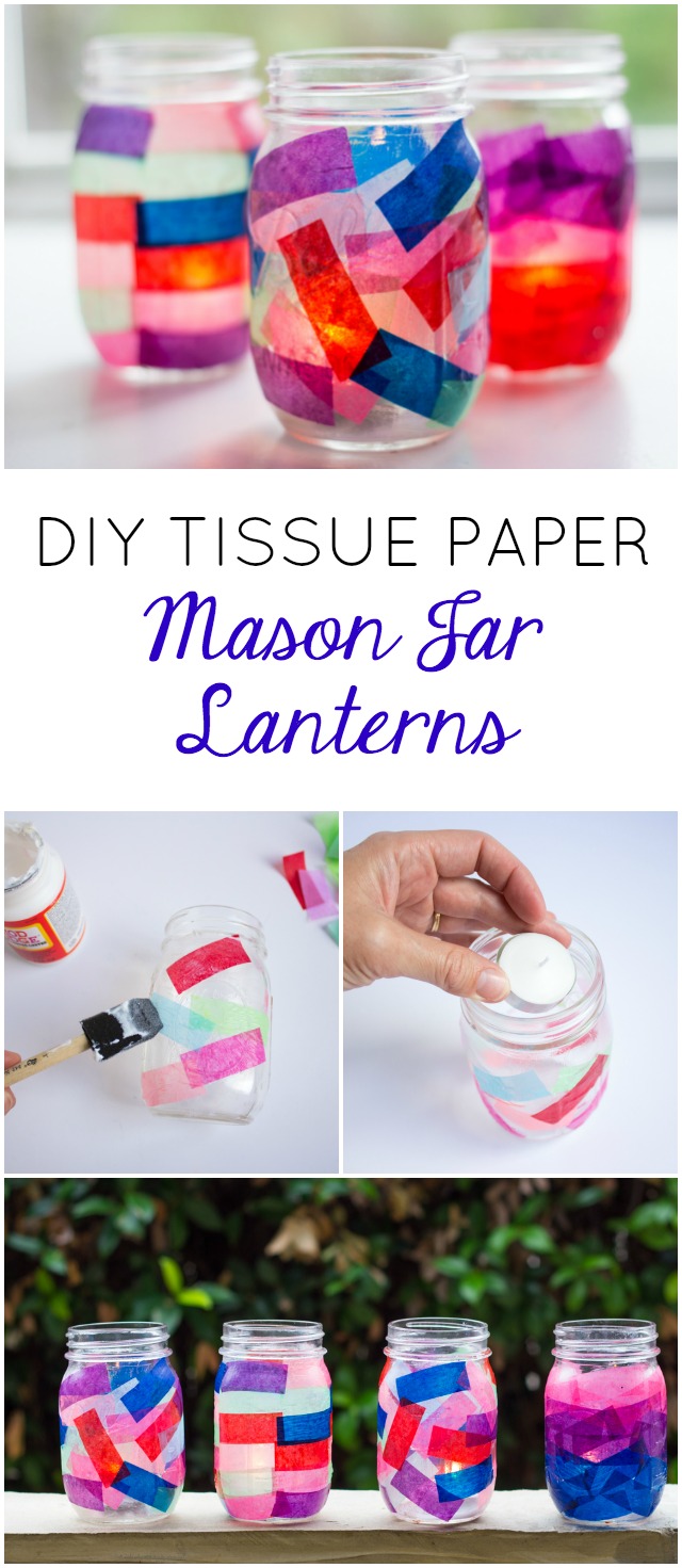 The easiest summer lanterns! Add tissue paper to the outside of mason jars. A fun kids craft too!