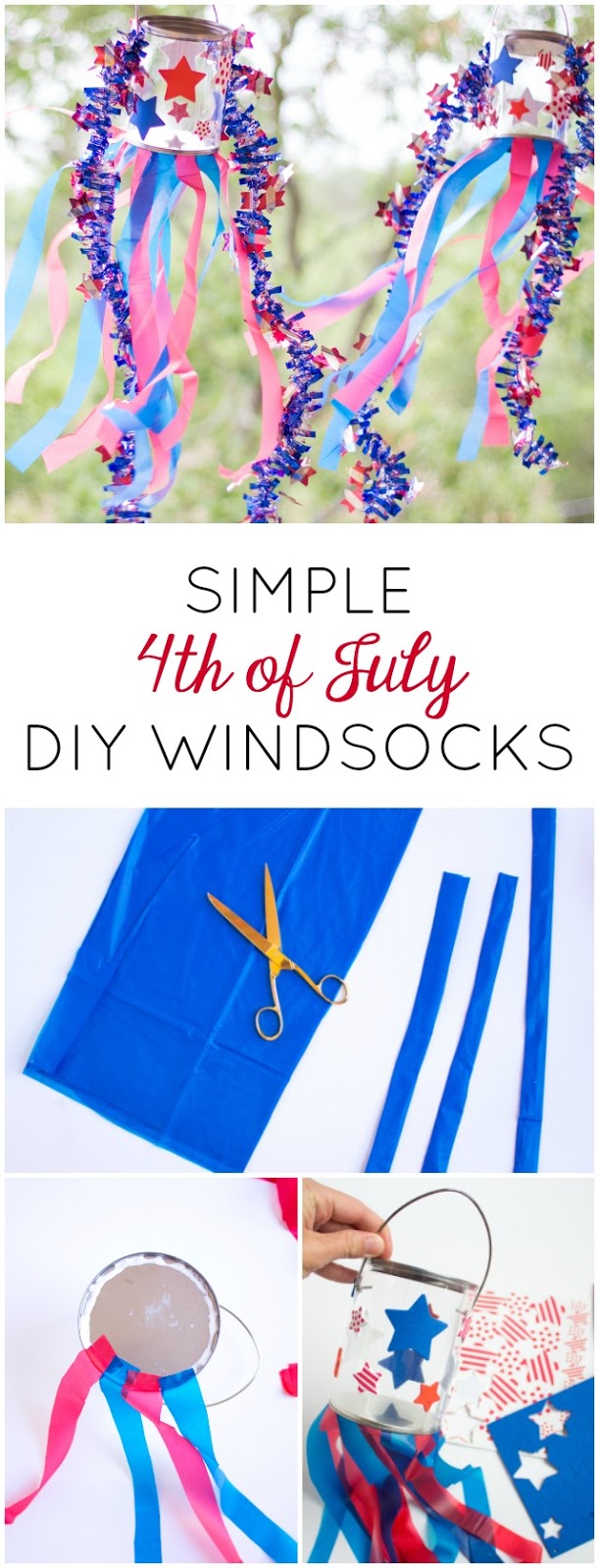 Make these simple patriotic windsocks for the Fourth of July with stickers, plastic tablecloths, and a clear paint can. So easy! Make these simple patriotic windsocks for the Fourth of July with stickers, plastic tablecloths, and a clear paint can. So easy!