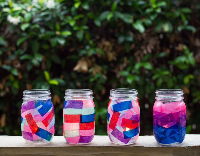 The easiest summer lanterns! Add tissue paper to the outside of mason jars. A fun kids craft too!