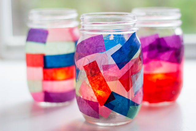 The easiest summer lanterns! Add tissue paper to the outside of mason jars. A fun kids craft too!