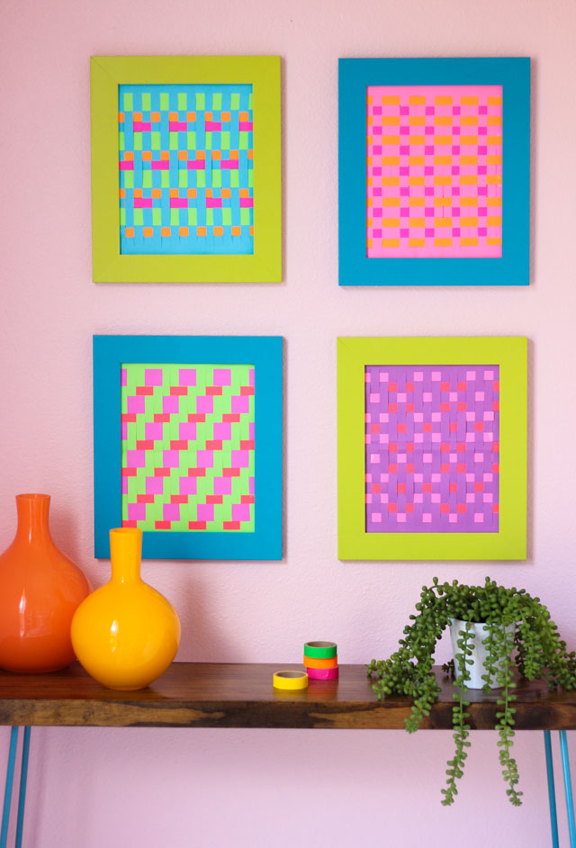 Use paper weaving to make colorful geometric wall art - a grown-up take on a childhood craft! Use paper weaving to make colorful geometric wall art - a grown-up take on a childhood craft!