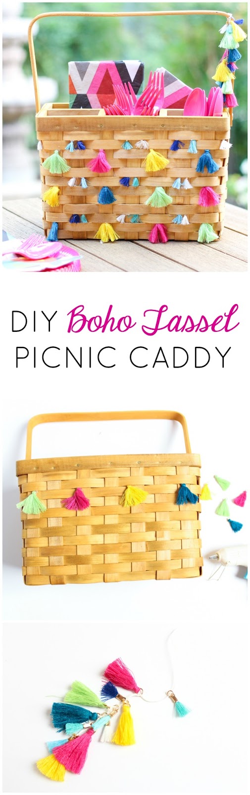 Decorate a basic picnic utensil basket with tassels for boho chic summer entertaining!