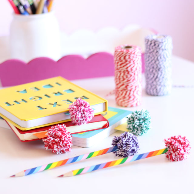 The cutest bakers twine pompoms - perfect for bookmarks and pencil toppers!