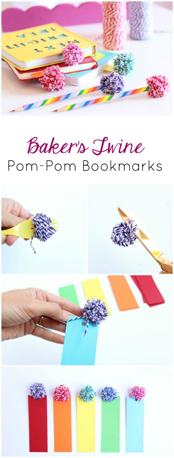 The cutest baker's twine pom-poms - perfect for bookmarks and pencil toppers!