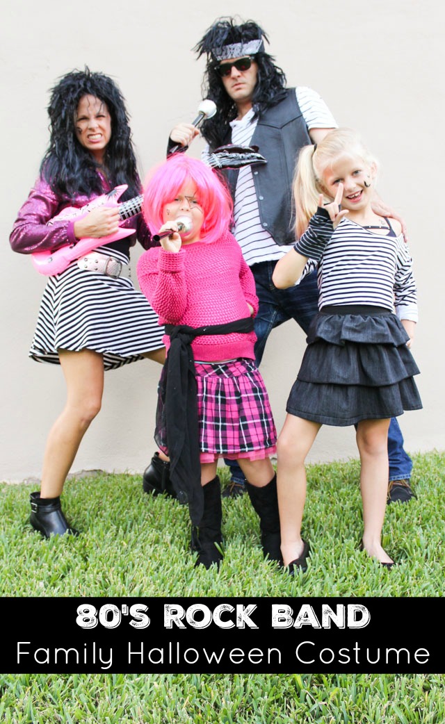 Create an awesome 80s rock band costume for your family with items from the Goodwill!