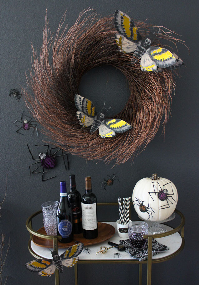 Halloween bar cart spider and insect decor
