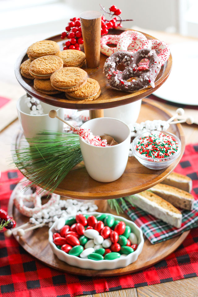 Easy Christmas centerpiece idea - use a tiered platter and Christmas treats!