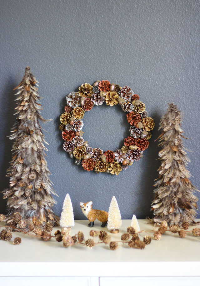 DIY metallic and glitter pinecone and acorn wreath