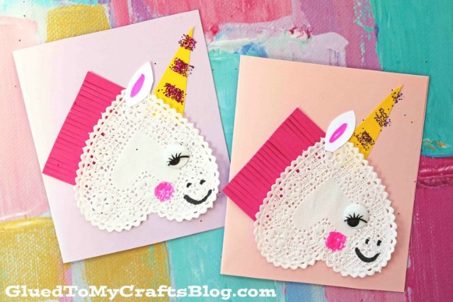 DIY Unicorn Valentines cards with paper heart doilies