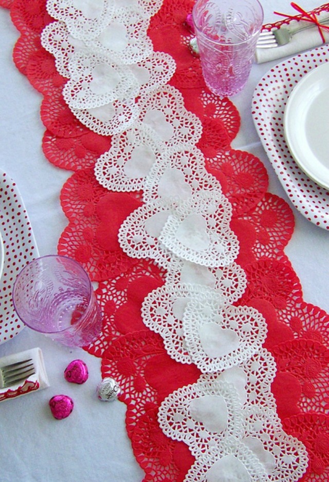 Paper heart doily table runner for Valentine's Day party