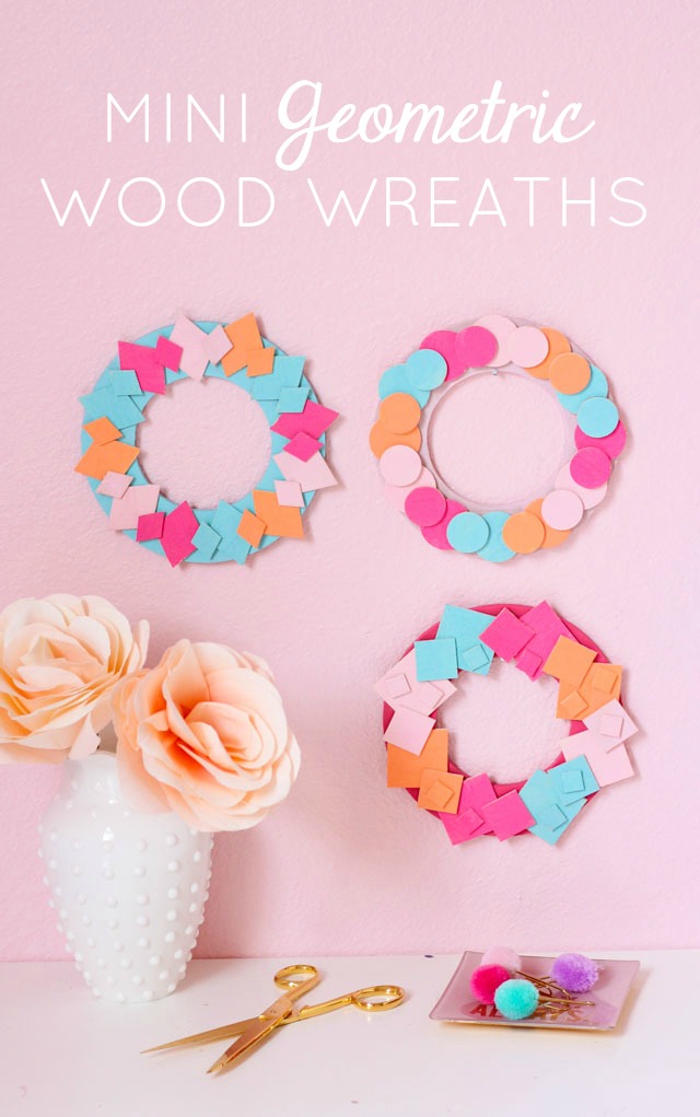 Use mini wood shapes to make these colorful geometric wreaths! Use mini wood shapes to make these colorful geometric wreaths!
