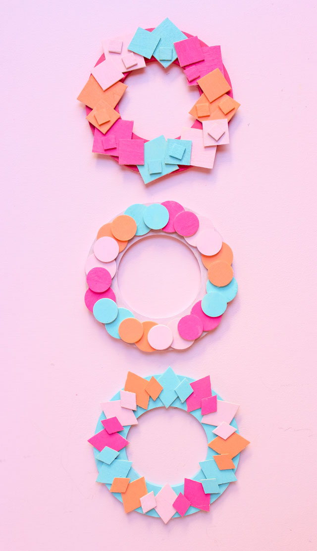 Use mini wood shapes to make these colorful geometric wreaths!