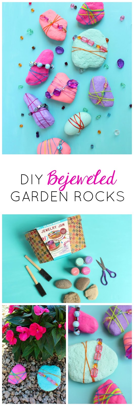 Rocks never looked so pretty! Decorate them with beads and jewels for pretty garden rocks or paperweights! #rockpainting #gardenrocks #kidscraft #naturecraft #kidmademodern