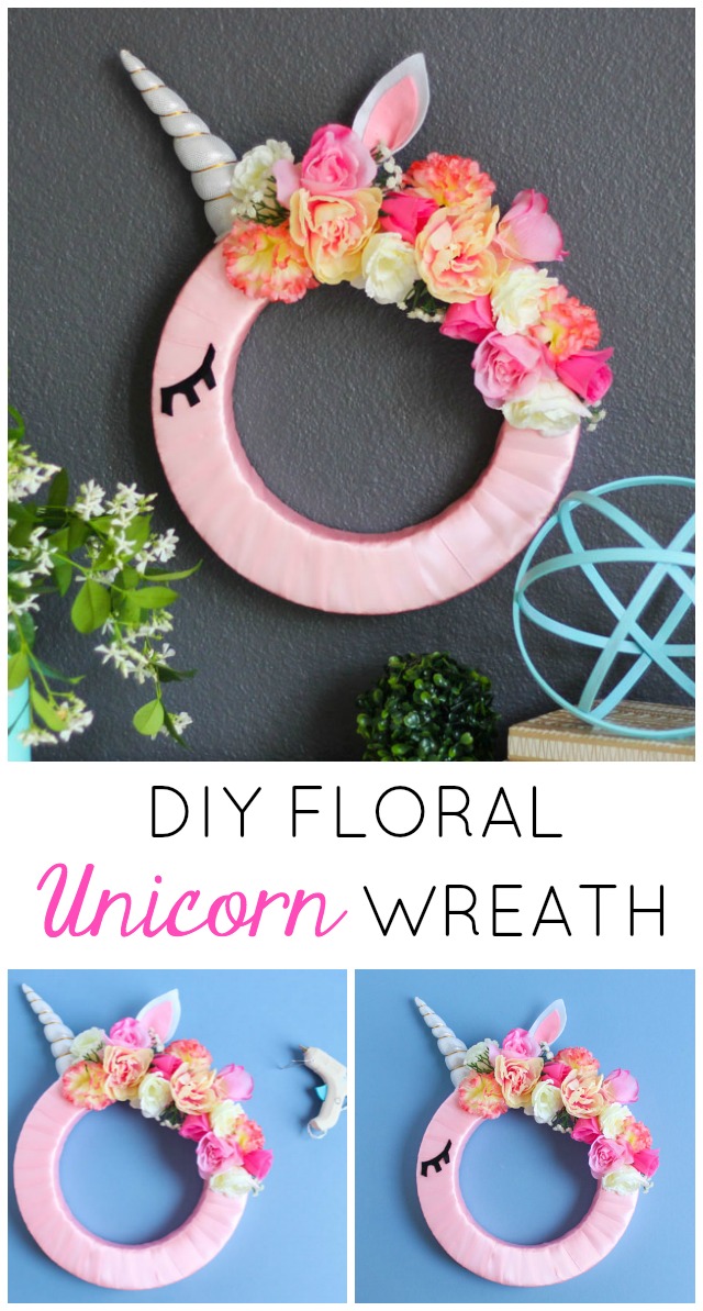 This beautiful floral unicorn wreath is so easy to make! Perfect decor for a girl's bedroom or nursery. #unicornwreath #unicorncraft #unicorndecor