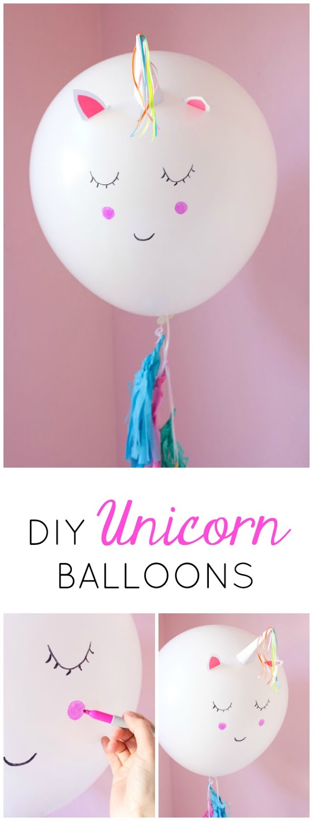 Make these giant DIY unicorn balloons in minutes! Perfect for a unicorn birthday party decoration! #unicorncraft #unicornballoons #unicornparty