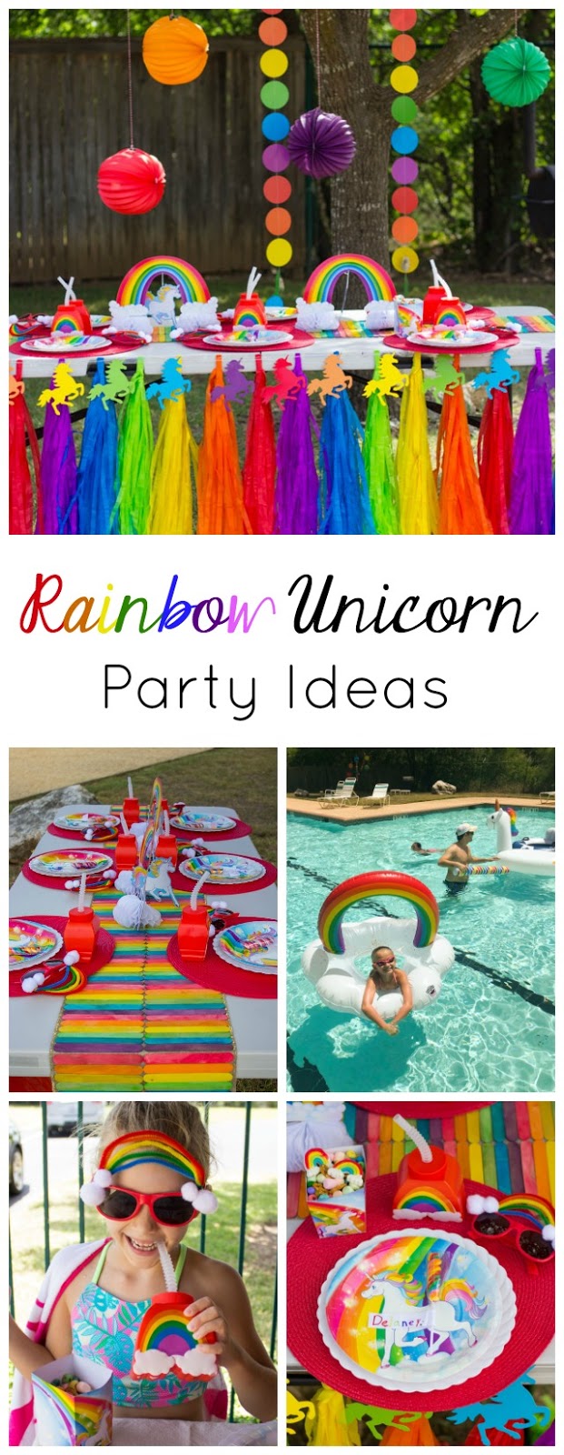 Lots of simple ideas for a rainbow unicorn birthday pool party! #unicornparty #rainbowparty #unicornbirthday