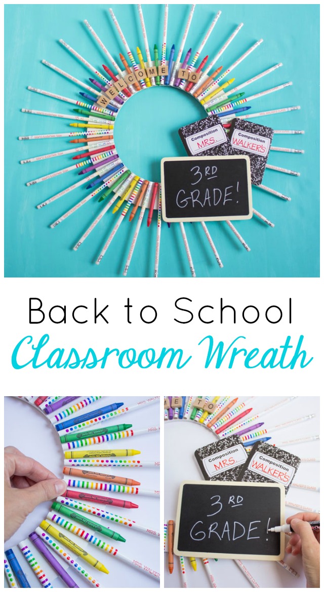 This classroom wreath made from school supplies is the perfect teacher gift idea for back-to-school! #teachergift #backtoschoolcrafts #schoolsupplywreath #classroomwreath #teacherwreath