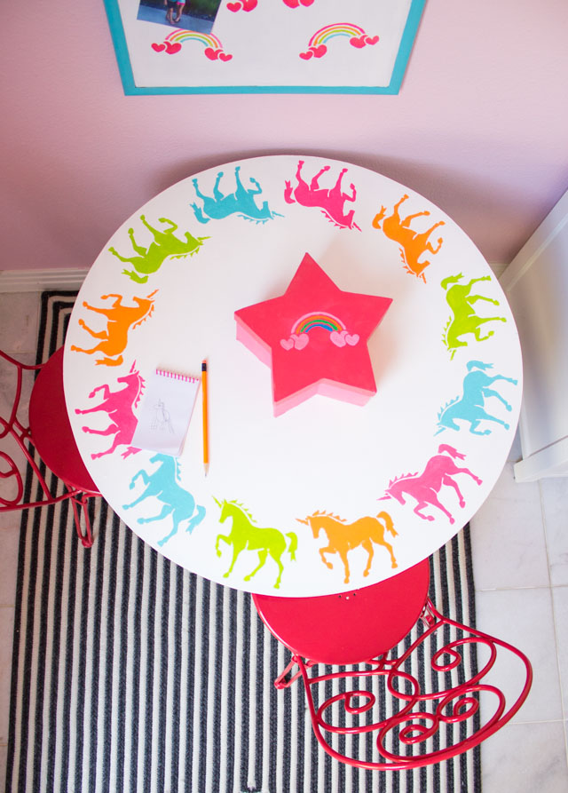 Create a kids workspace decorated with rainbow and unicorn stencils! #unicorndecor #rainbowdecor #kidstable #corkboard