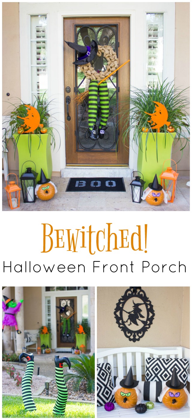 Cute ideas for decorating your front porch with witch decor for Halloween! #halloweenfrontporch #halloweendecor #witchdecor