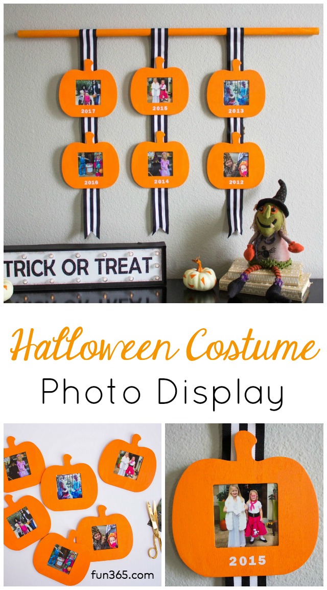 A fun way to display photos of your kids' Halloween costumes over the years! #halloweenphotodisplay #halloweenphotos #halloweencostumes