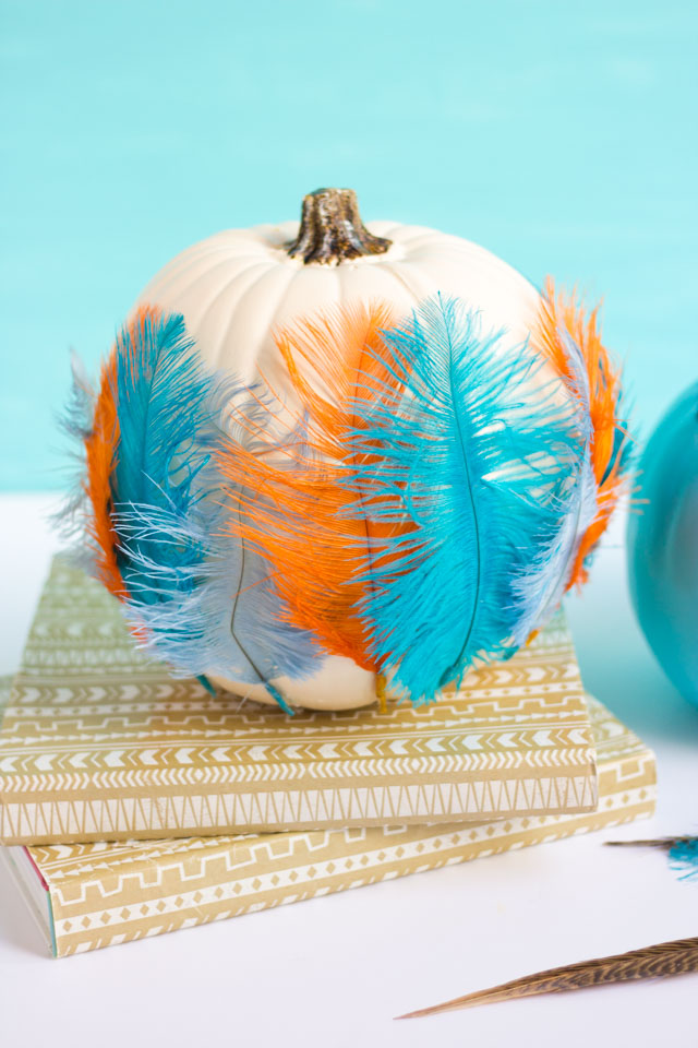 How to decorate feathers with pumpkins #pumpkinideas #pumpkins #featherpumpkin