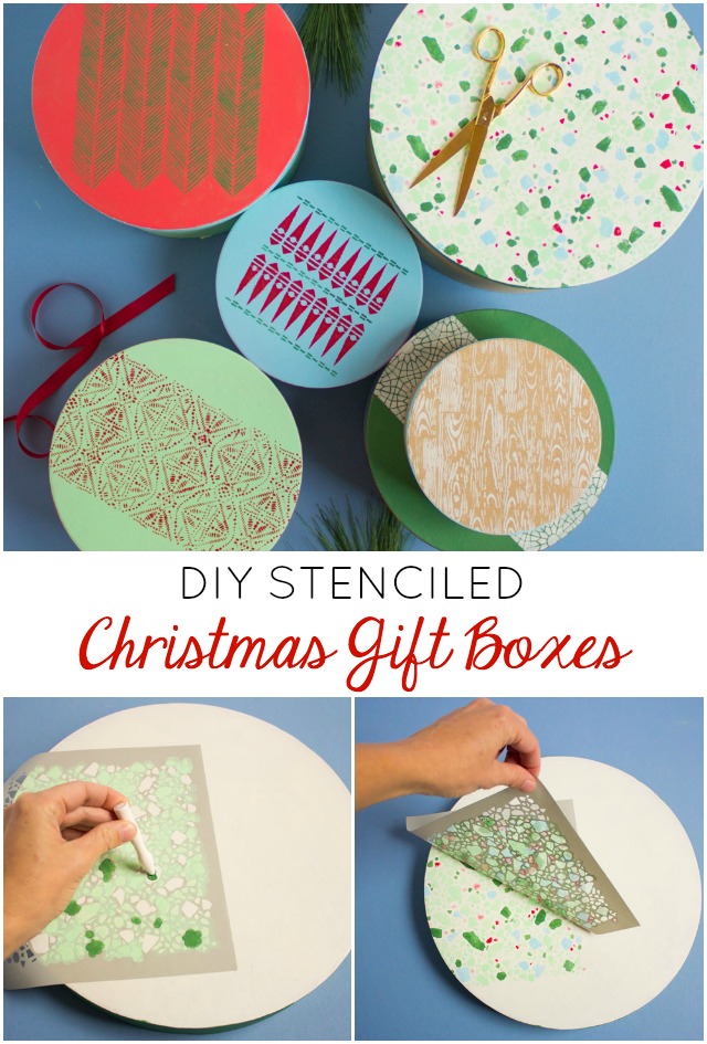 How to make stenciled Christmas gift boxes with Martha Stewart stencils #stencil #christmascraft #diychristmasgift #christmaswrapping #handmadegift