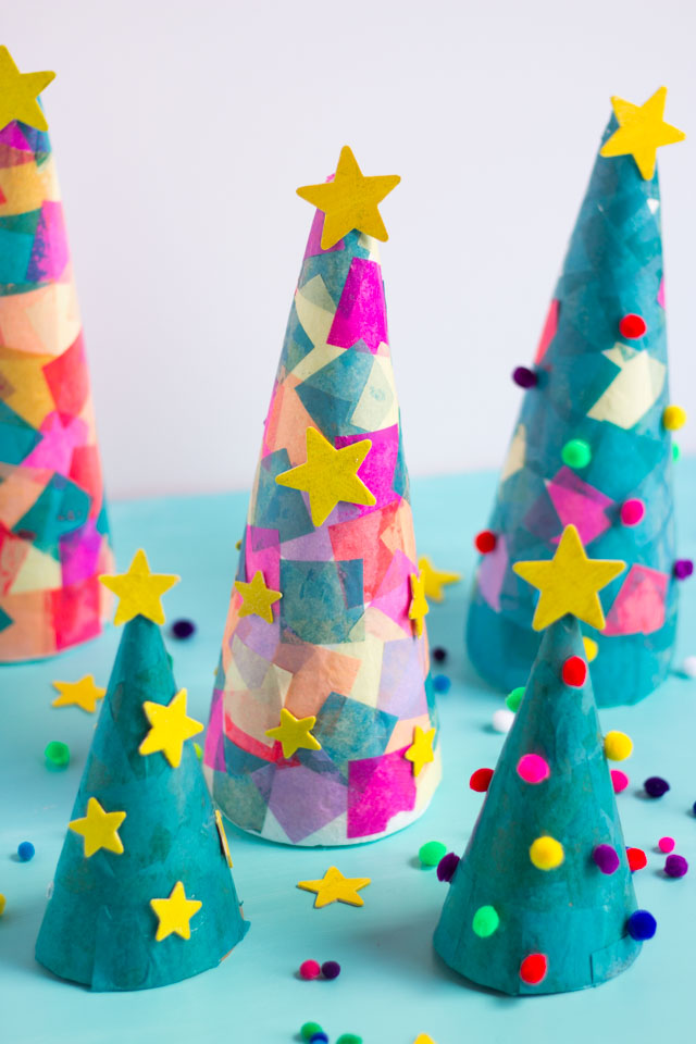 Turn foam cones into Christmas trees with tissue paper squares! #conetrees #christmastreecraft #christmascraft #foamconecraft #kidschristmascraft #modpodgecraft