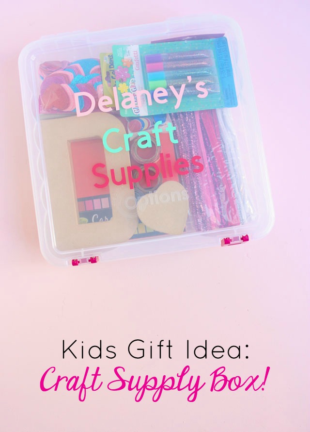 Fill a clear tub with new craft supplies for a personalized gift idea that kids will love! #kidsgiftidea #kidscraftsupplies #craftsupplybox #personalizedgift #personalizedkidsgift #cricutcraft