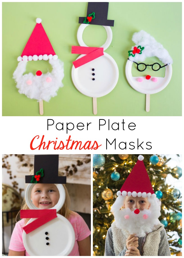 Turn paper plates into the cutest Christmas masks featuring Santa, Mrs. Claus, and Frosty the Snowman! #kidscrafts #kidsChristmascrafts #paperplatecrafts #Christmascrafts