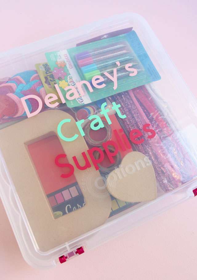 Fill a clear tub with new craft supplies for a personalized gift idea that kids will love! #kidsgiftidea #kidscraftsupplies #craftsupplybox #personalizedgift #personalizedkidsgift #cricutcraft