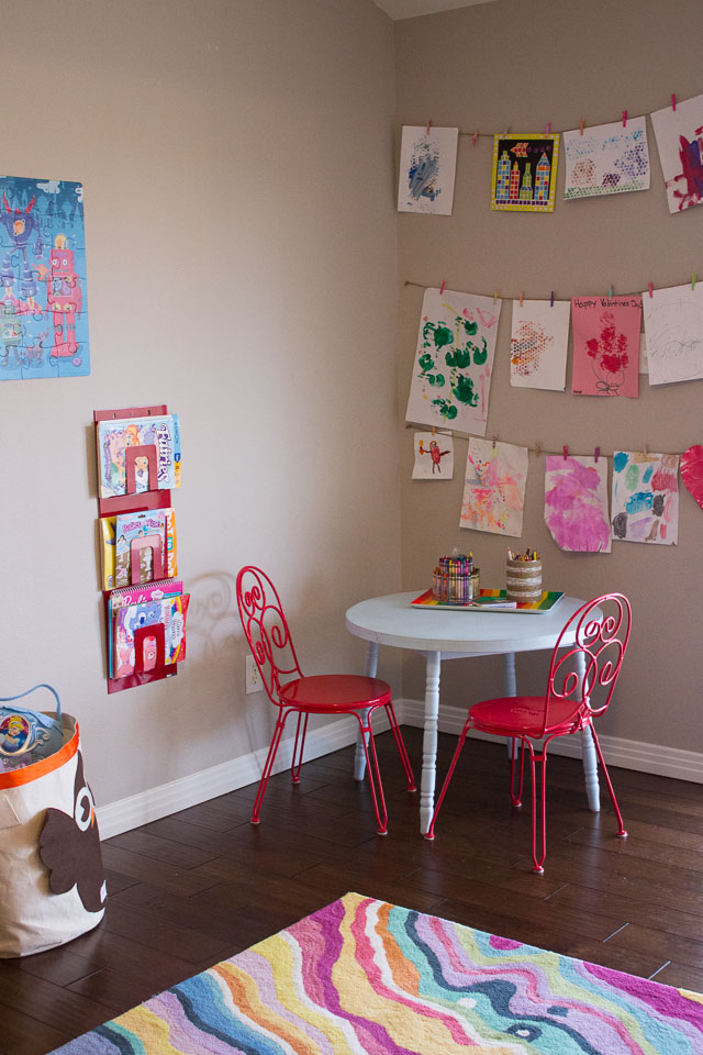 Colorful kids playroom with toy storage solutions