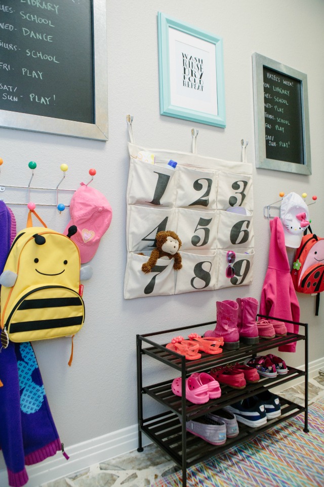 Mudroom wall for kids shoes and backpacks