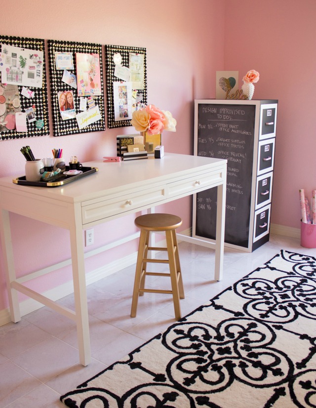 Pink craft room with black and white accents