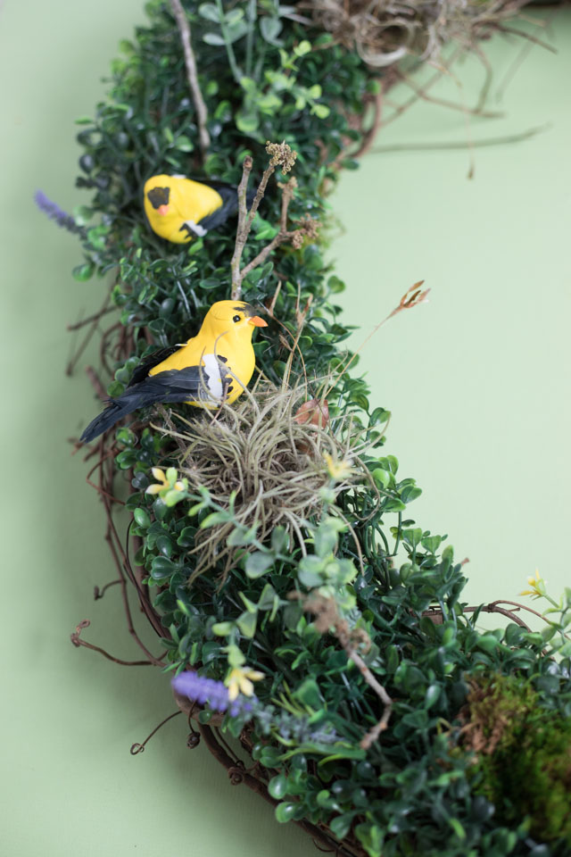 Make a beautiful spring wreath with faux birds, greenery, and nature elements. #birdwreath #springwreath #naturecrafts #birdcrafts