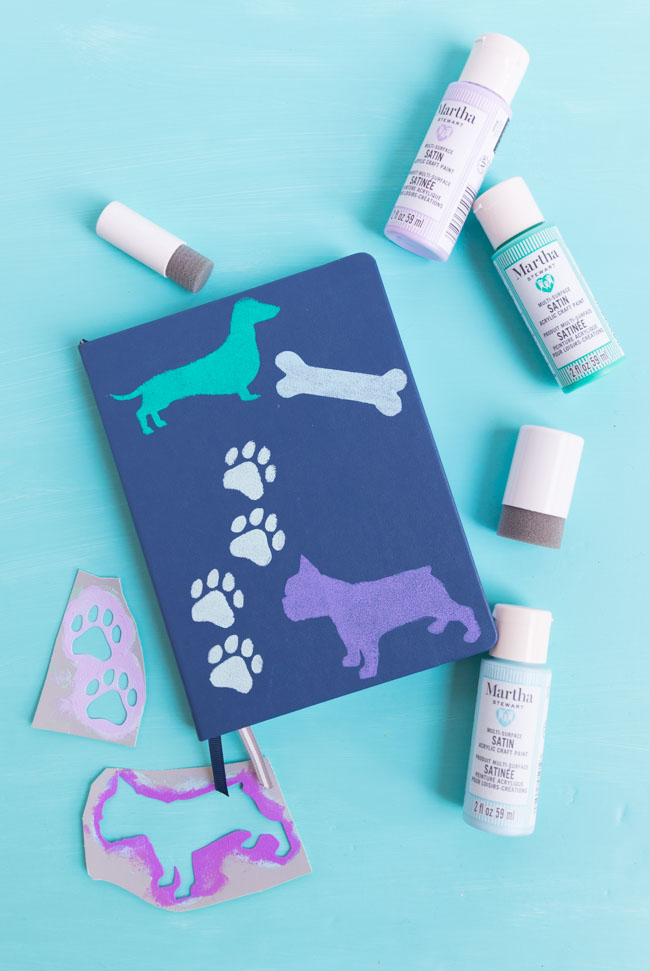 DIY decorated notebook with dog stencils