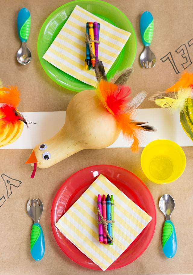 Gourd turkey themed Thanksgiving kids table