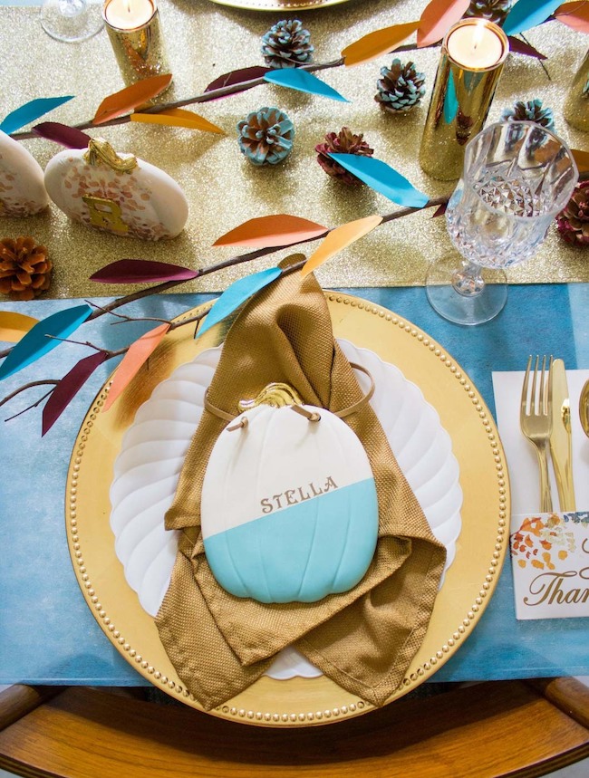 Turquoise and gold Thanksgiving table decor