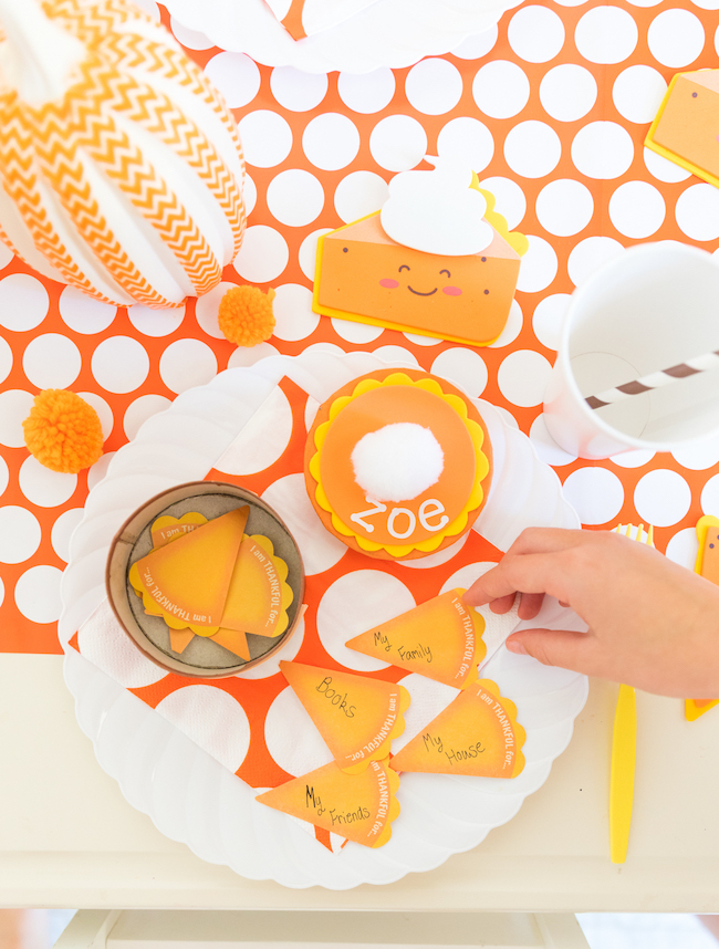 Pumpkin pie themed Thanksgiving kids table