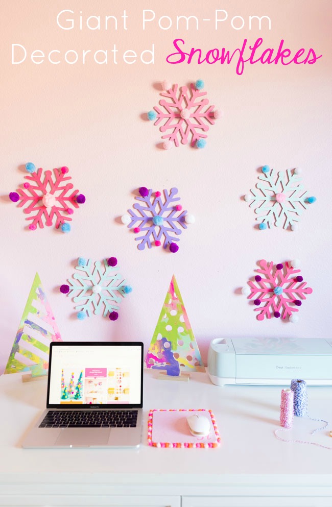 Giant Wooden Snowflakes with Pom-Poms! - Design Improvised