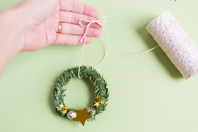 Making a hanger for a mini wreath ornament