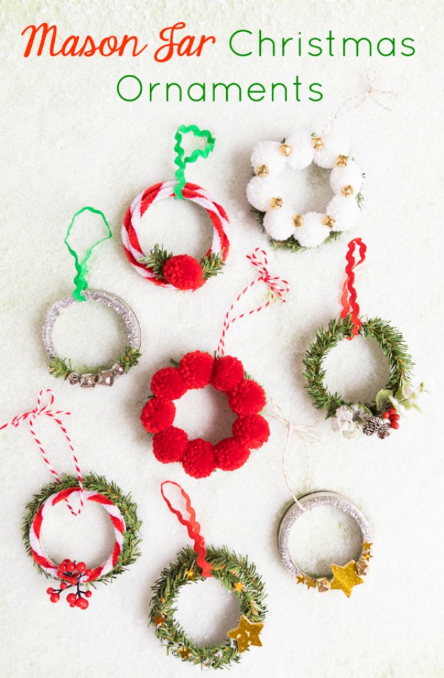 Mini wreath Christmas ornaments made from mason jar rings