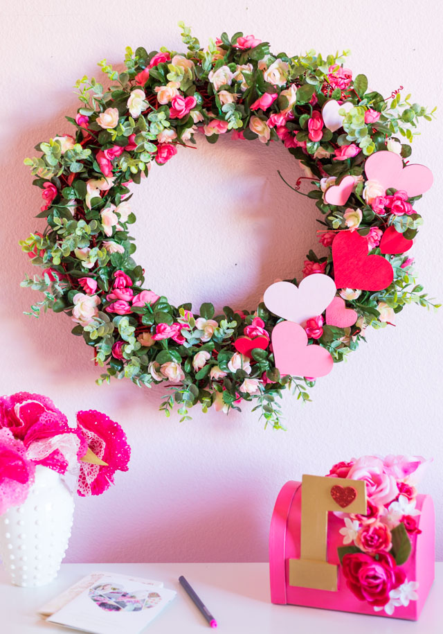 DIY Pink Rose and Heart Wreath