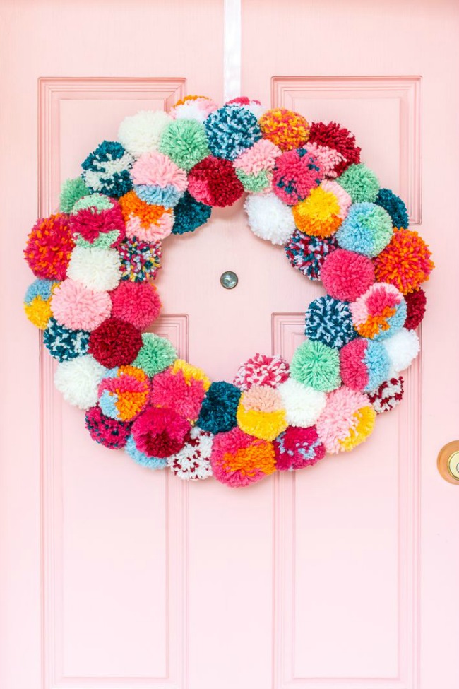 Housewarming gift for her Spring front door decoration Yarn wall hanging 120122 Easter pom pom wreath