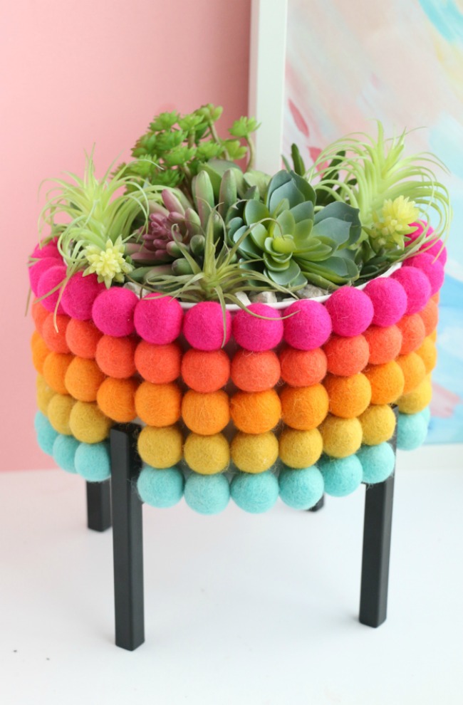 DIY rainbow felt ball planter