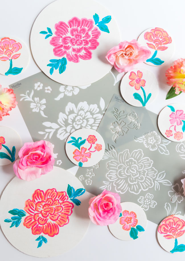 Painted Wood Slices with Martha Stewart flower stencils