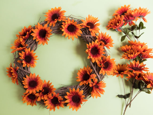 Fall sunflowers on grapevine wreath