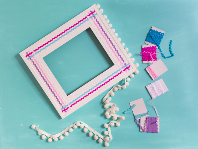 Picture frame with rickrack and pom pom trim